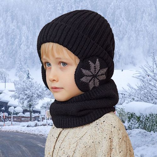 Ensemble De Chapeau Et Écharpe Pour Enfants, Imprimé, Épais, Élastique, Chaud, Antidérapant, Dôme Doux, Coupe-Vent, Capuchon De Protection Du Cou, Ensemble De Chaîne Du Cou, Hiver-Noir
