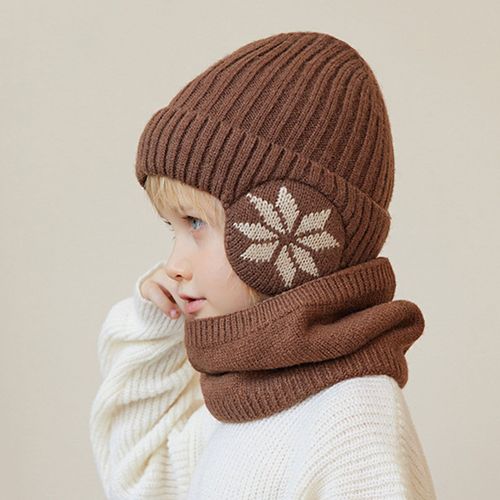 Ensemble De Chapeau Et Écharpe Pour Enfants, Imprimé, Épais, Élastique, Chaud, Antidérapant, Dôme Doux, Coupe-Vent, Capuchon De Protection Du Cou, Ensemble De Chaîne Du Cou, Hiver-Café
