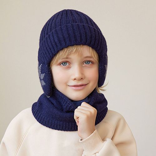 Ensemble De Chapeau Et Écharpe Pour Enfants, Imprimé, Épais, Élastique, Chaud, Antidérapant, Dôme Doux, Coupe-Vent, Capuchon De Protection Du Cou, Ensemble De Chaîne Du Cou, Hiver-Bleu Marine