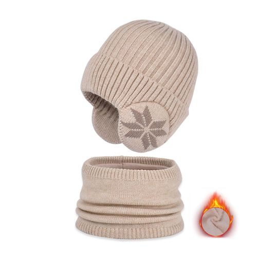 Ensemble De Chapeau Et Écharpe Pour Enfants, Imprimé, Épais, Élastique, Chaud, Antidérapant, Dôme Doux, Coupe-Vent, Capuchon De Protection Du Cou, Ensemble De Chaîne Du Cou, Hiver-Beige