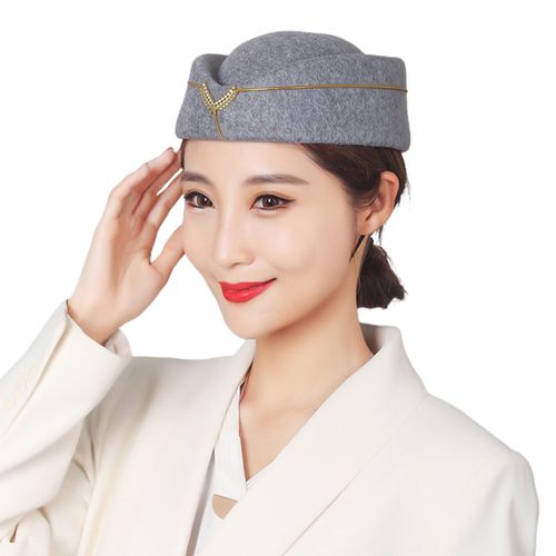 Chapeau D'hôtesse De L'air Élégant Insigne De Broderie Confortable Respirant Décoratif Habiller En Laine Femmes Hôtesses De L'air Béret Casquette Uniforme Formelle Pour La Performance-Gris