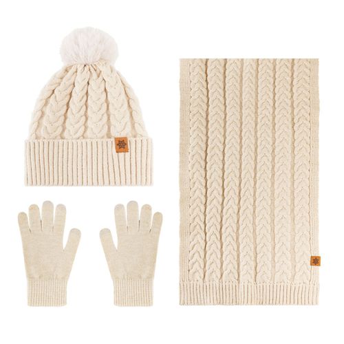 3 Pièces/Ensemble Femmes Hiver Ensemble Chaud Boule En Peluche Tricoté Bonnet Chapeau Couleur Unie Torsion Texture Écharpe Polaire Doublé Gants Ensemble Thermal Lined Hat Set-Beige