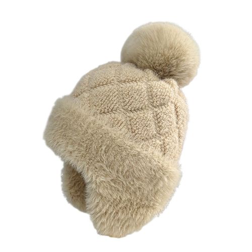 Chapeau D'hiver Pour Femmes Avec Oreillettes, Chapeau À Pompon En Peluche Épaisse, Protection Des Oreilles, Tricoté, Rétention De Chaleur, Extensible Par Temps Froid, Couvre-Chef D'extérieur-Beige