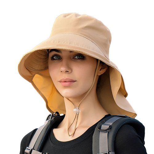 Chapeau De Pêcheur À Large Bord Pour Femmes, Châle Réglable, Corde Coupe-Vent, Léger, Avec Trou De Queue De Cheval, Visière-Beige