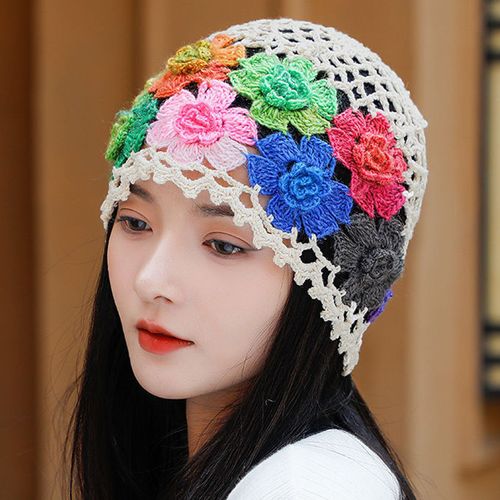 Chapeau Pour Femme Manuel Coloré Ajouré Tricoté Fleur Crochet Élastique Doux Respirant Léger Pare-Soleil Doux Voyage Extérieur Bonnet Sans Bord-Beige