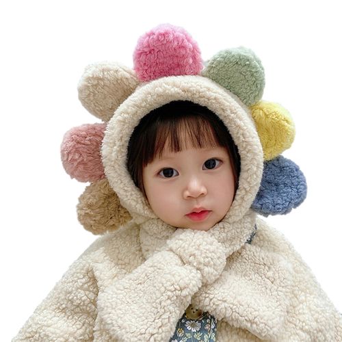 Chapeau Pour Enfants Coloré En Forme De Fleur De Dessin Animé, Col Croisé, Protection Des Oreilles, Peluche Épaisse, Doux, Chaud, Antidérapant, Léger, Bonnet Écharpe Intégré Pour Filles-Beige