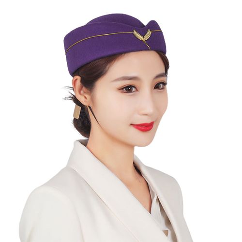 Chapeau D'hôtesse De L'air Élégant Insigne De Broderie Confortable Respirant Décoratif Habiller En Laine Femmes Hôtesses De L'air Béret Casquette Uniforme Formelle Pour La Performance-Violet