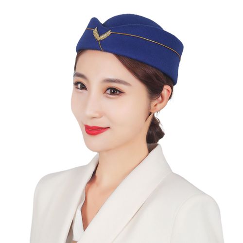 Chapeau D'hôtesse De L'air Élégant Insigne De Broderie Confortable Respirant Décoratif Habiller En Laine Femmes Hôtesses De L'air Béret Casquette Uniforme Formelle Pour La Performance-Bleu Roi