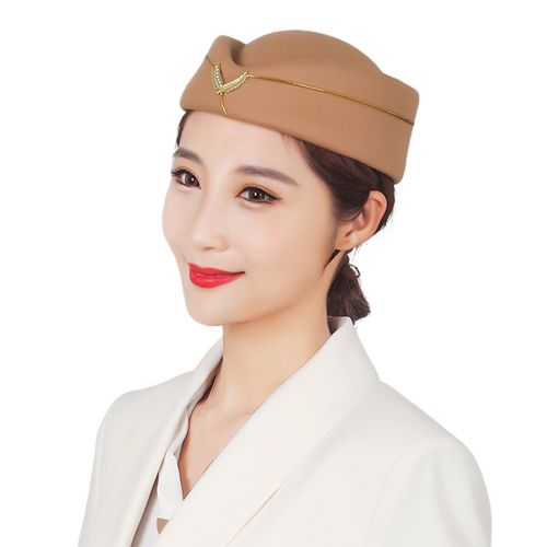 Chapeau D'hôtesse De L'air Élégant Insigne De Broderie Confortable Respirant Décoratif Habiller En Laine Femmes Hôtesses De L'air Béret Casquette Uniforme Formelle Pour La Performance-Beige