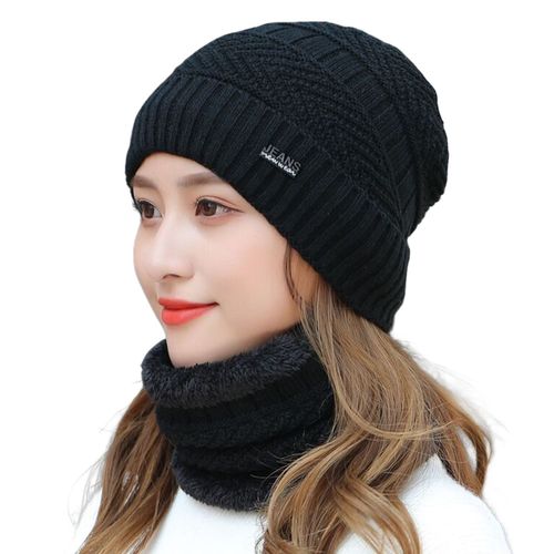 2 Pièces/Ensemble Logo Anglais Couleur Unie Protection Des Oreilles Chapeau Écharpe Ensemble Automne Hiver Femmes Bonnet Tricoté Doublure En Peluche Foulard Ensemble Pour Temps Froid-Noir