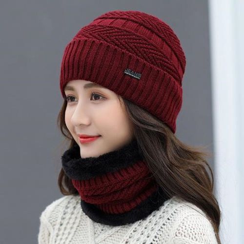 2 Pièces/Ensemble Logo Anglais Couleur Unie Protection Des Oreilles Chapeau Écharpe Ensemble Automne Hiver Femmes Bonnet Tricoté Doublure En Peluche Foulard Ensemble Pour Temps Froid-Vin Rouge