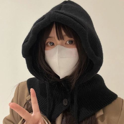 Ensemble Chapeau Et Écharpe Pour Femmes, Cagoule Avec Cordon De Serrage, Écharpe À Capuche Chaude Et Ample, Pull Tricoté, Accessoires De Costume, Hiver-Noir