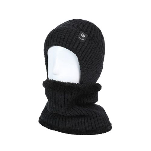 2 Pièces/Ensemble Hommes Femmes Hiver Couleur Unie Tricot Chapeau Écharpe Ensemble Épaissi En Peluche Doublé Oreillette Bonnet Chapeau Cou Guêtre Ensemble-Noir