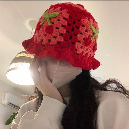 Chapeau En Laine De Dessin Animé, Chapeau En Tricot Avec Appliques De Cerises, Couleur Bonbon, Couvre-Chef Pour Enfants, Chapeau Seau, Photographie Pour Enfants, Chapeau Au Crochet, Fêtes D'anniversaire, Casquette D'extérieur-Rouge