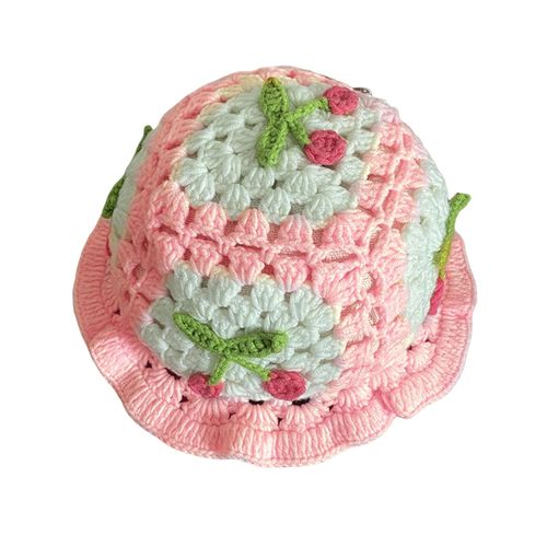 Chapeau En Laine De Dessin Animé, Chapeau En Tricot Avec Appliques De Cerises, Couleur Bonbon, Couvre-Chef Pour Enfants, Chapeau Seau, Photographie Pour Enfants, Chapeau Au Crochet, Fêtes D'anniversaire, Casquette D'extérieur-Rose