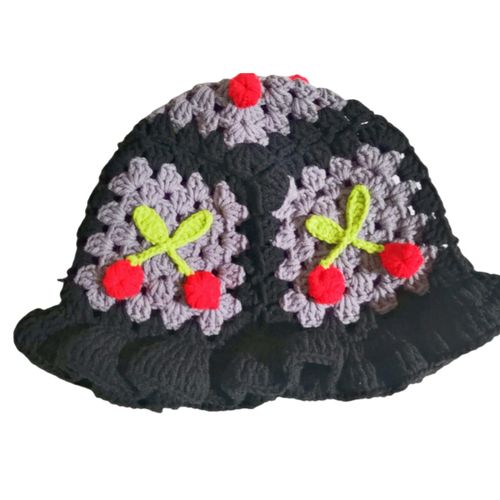 Chapeau En Laine De Dessin Animé, Chapeau En Tricot Avec Appliques De Cerises, Couleur Bonbon, Couvre-Chef Pour Enfants, Chapeau Seau, Photographie Pour Enfants, Chapeau Au Crochet, Fêtes D'anniversaire, Casquette D'extérieur-Gris
