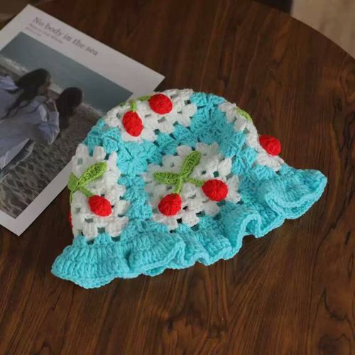 Chapeau En Laine De Dessin Animé, Chapeau En Tricot Avec Appliques De Cerises, Couleur Bonbon, Couvre-Chef Pour Enfants, Chapeau Seau, Photographie Pour Enfants, Chapeau Au Crochet, Fêtes D'anniversaire, Casquette D'extérieur-Bleu Ciel