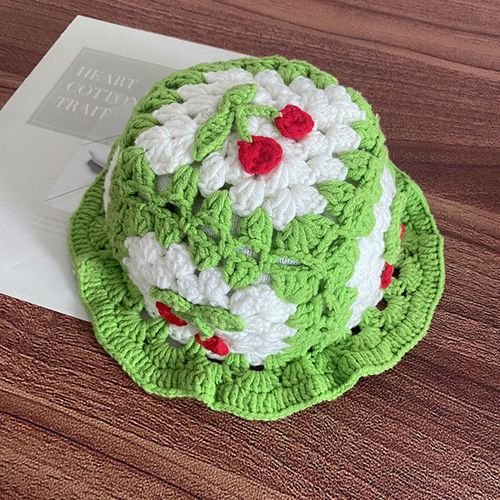 Chapeau En Laine De Dessin Animé, Chapeau En Tricot Avec Appliques De Cerises, Couleur Bonbon, Couvre-Chef Pour Enfants, Chapeau Seau, Photographie Pour Enfants, Chapeau Au Crochet, Fêtes D'anniversaire, Casquette D'extérieur-Vert Clair