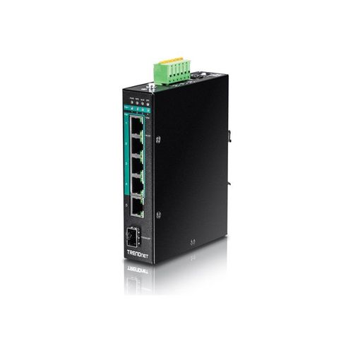 TRENDnet TI-PG541 - Commutateur - 4 x 10/100/1000 (PoE+) + 1 x 10/100/1000 + 1 x Gigabit SFP - Montage sur rail DIN - PoE+ (120 W) - Conformité TAA