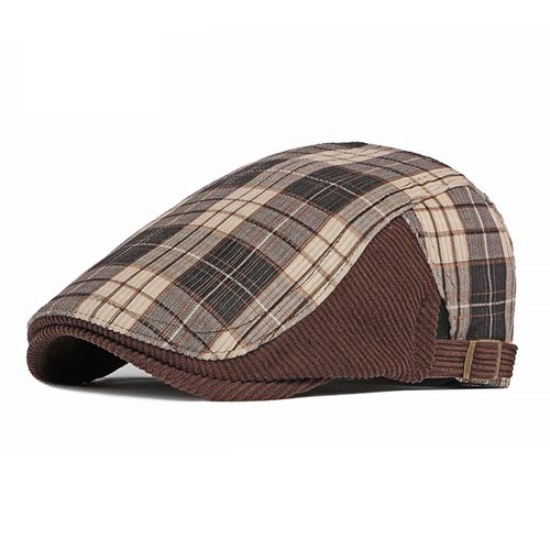 Béret À Carreaux Imprimés, Couleur Patchwork, Boucle Réglable, Chapeau À Visière Plate, Casquette Avant Pour Homme-Café