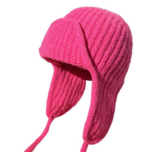 Bonnet Tricoté À Rabat Pour Femmes, Super Doux, Couleur Unie, Épais, Coupe-Vent, Temps Froid, À La Mode-Rose Rouge