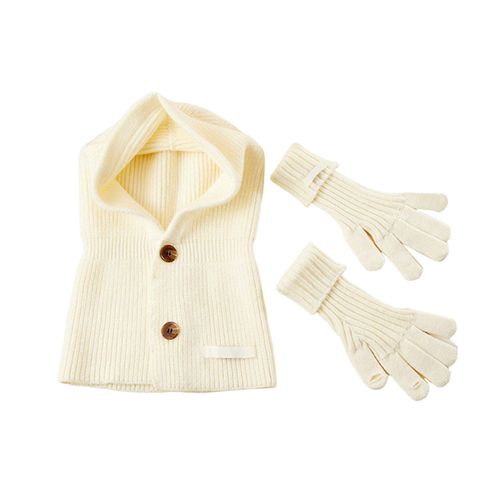1 Ensemble De Gants D'hiver Pour Femmes, Tricoté, Couleur Unie, Fermeture À Bouton, Écharpe Élastique, Protection Intégrée De La Tête Et Du Cou, Cagoule De Cyclisme, Ensemble De Gants À Cinq Doigts-Blanc