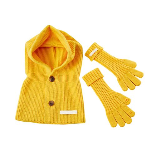 1 Ensemble De Gants D'hiver Pour Femmes, Tricoté, Couleur Unie, Fermeture À Bouton, Écharpe Élastique, Protection Intégrée De La Tête Et Du Cou, Cagoule De Cyclisme, Ensemble De Gants À Cinq Doigts-Jaune Citron