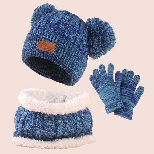 1 Ensemble De Chapeaux D'hiver Pour Enfants, Gants, Écharpe, Tricoté Épais, Chaud, Coupe-Vent, Décor De Boule En Peluche, Protection Complète, Vêtements D'école En Plein Air, Couvre-Chef Pour Enfants En Bas Âge-Bleu