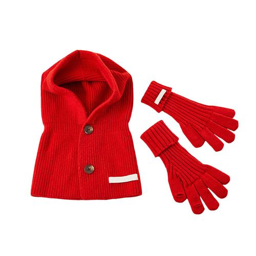 1 Ensemble De Gants D'hiver Pour Femmes, Tricoté, Couleur Unie, Fermeture À Bouton, Écharpe Élastique, Protection Intégrée De La Tête Et Du Cou, Cagoule De Cyclisme, Ensemble De Gants À Cinq Doigts-Rouge