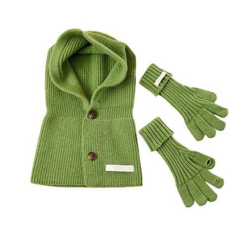 1 Ensemble De Gants D'hiver Pour Femmes, Tricoté, Couleur Unie, Fermeture À Bouton, Écharpe Élastique, Protection Intégrée De La Tête Et Du Cou, Cagoule De Cyclisme, Ensemble De Gants À Cinq Doigts-Vert