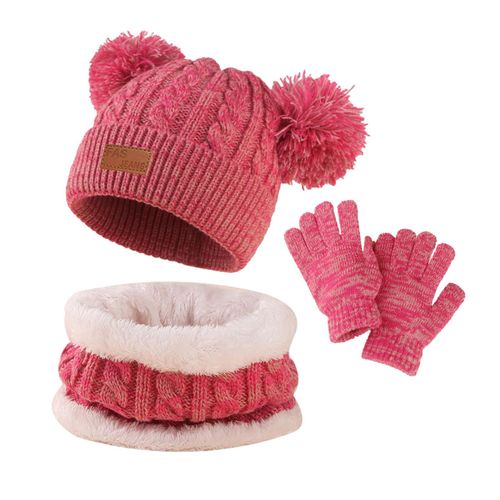 1 Ensemble De Chapeaux D'hiver Pour Enfants, Gants, Écharpe, Tricoté Épais, Chaud, Coupe-Vent, Décor De Boule En Peluche, Protection Complète, Vêtements D'école En Plein Air, Couvre-Chef Pour Enfants En Bas Âge-Rose Rouge