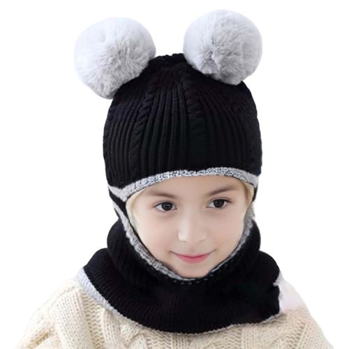 Automne Hiver Enfants Chapeau Tricoté Épais Chaud Doux Boule De Fourrure Décor Haute Élasticité Pleine Protection Résistant Au Froid Unisexe Hiver Casquette Chapeaux-Noir