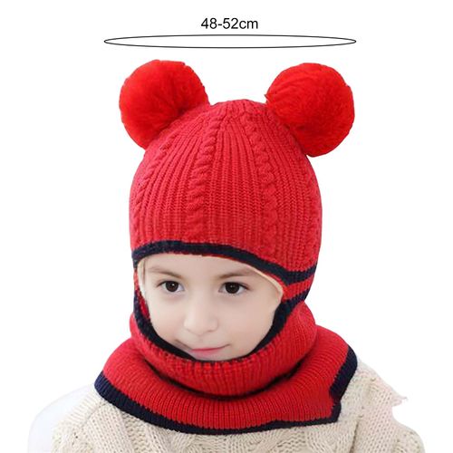 Automne Hiver Enfants Chapeau Tricoté Épais Chaud Doux Boule De Fourrure Décor Haute Élasticité Pleine Protection Résistant Au Froid Unisexe Hiver Casquette Chapeaux-Rouge