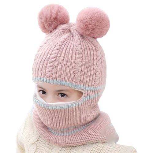Automne Hiver Enfants Chapeau Tricoté Épais Chaud Doux Boule De Fourrure Décor Haute Élasticité Pleine Protection Résistant Au Froid Unisexe Hiver Casquette Chapeaux-Rose