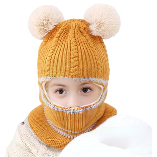 Automne Hiver Enfants Chapeau Tricoté Épais Chaud Doux Boule De Fourrure Décor Haute Élasticité Pleine Protection Résistant Au Froid Unisexe Hiver Casquette Chapeaux-Jaune