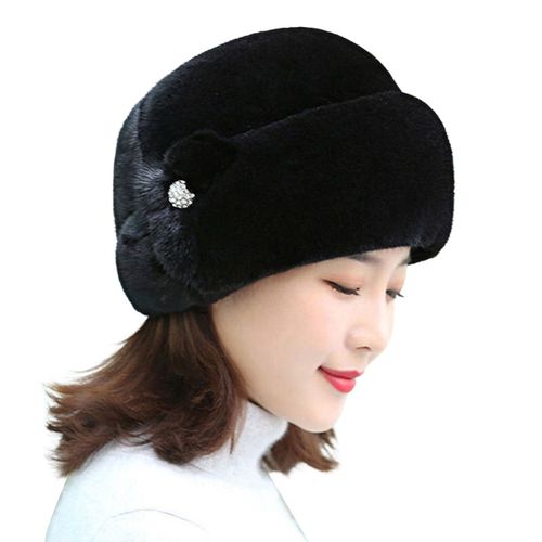 Chapeau d'hiver russe en fausse fourrure de lapin, décor floral, épais, luxe, garde au chaud, couleur unie, automne hiver, casquette thermique pour femmes d'âge moyen, pour l'extérieur-Noir