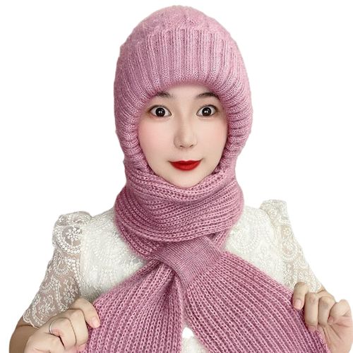 Dames Hiver Intégré Chapeau Écharpe Épaissi Tricoté Chaud Doux Confortable Élastique Oreille Cou Protection De La Tête Coupe-Vent Couleur Pure Cagoule Cou Wrap Combo Lady Headwear-Violet