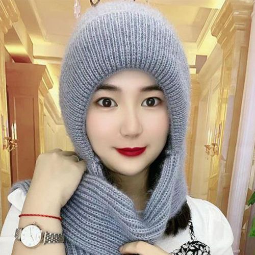 Dames Hiver Intégré Chapeau Écharpe Épaissi Tricoté Chaud Doux Confortable Élastique Oreille Cou Protection De La Tête Coupe-Vent Couleur Pure Cagoule Cou Wrap Combo Lady Headwear-Gris