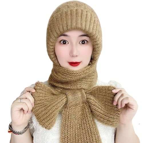 Dames Hiver Intégré Chapeau Écharpe Épaissi Tricoté Chaud Doux Confortable Élastique Oreille Cou Protection De La Tête Coupe-Vent Couleur Pure Cagoule Cou Wrap Combo Lady Headwear-Kaki