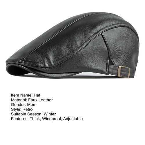 Chapeau Avancé En Faux Cuir Pour Hommes, Style Rétro Britannique, Couleur Unie, Couture Ferme, Coupe-Vent, Épais Et Chaud, Béret Newsboy-Noir