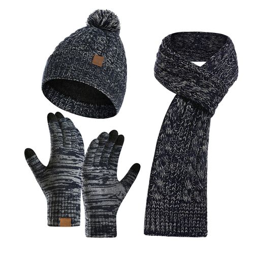 3 Pièces Hiver Chaud Tricot Bonnet Chapeau Écran Tactile Gants Écharpe Ensemble Pour Femmes Hommes Ski Patinage Camping Conduite Sports De Plein Air Cadeaux-Bleu Marine