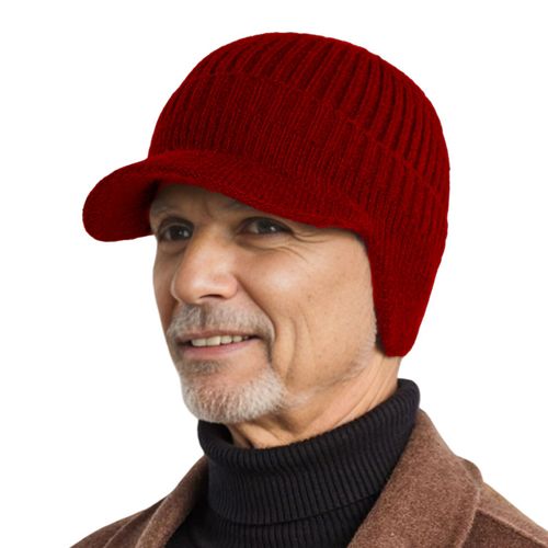 Bonnet Tricoté D'hiver Pour Hommes Avec Bord Court, Épais, Coupe-Vent, Protection Des Oreilles, Garde Au Chaud, Bonnet De Grand-Père, Casquette Élastique D'extérieur, Bonnet De Déplacement Scolaire En Plein Air-Rouge