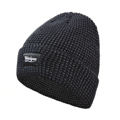 Chapeau Tricoté Réfléchissant Coupe-Vent Haute Élasticité Dôme Hip Hop Style De Rue Casquette D'avertissement De Jogging De Nuit Hiver Garder Au Chaud Couvre-Chef Pour Coureurs Cyclistes-Noir