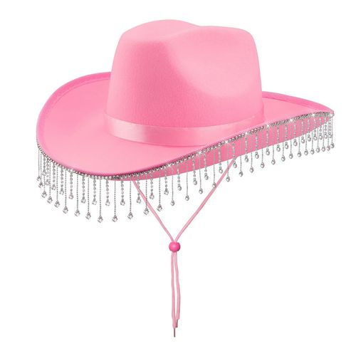 Chapeau De Cow-Girl Avec Pompon En Strass, Décoration De Musique Country, Couvre-Chef De Fête, Chapeau En Feutre À Large Bord, Casquette De Cowboy Occidentale Avec Boucle De Ceinture Pour Les Fêtes Et Les Festivals-Rose