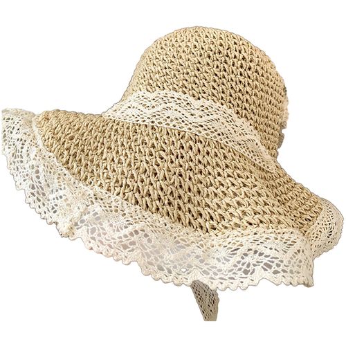 Chapeau De Soleil En Paille Pour Femmes, Pliable, Respirant, Taille Réglable, Garniture En Dentelle, Chapeau De Plage, Activités De Plein Air, Sport, Usage Quotidien-Beige