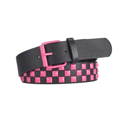 Ceinture Pour Hommes Avec Décoration Pyramide De Perles Carrées Style Punk Hip Hop Longueur Réglable Ceinture En Jean-Rose Rouge
