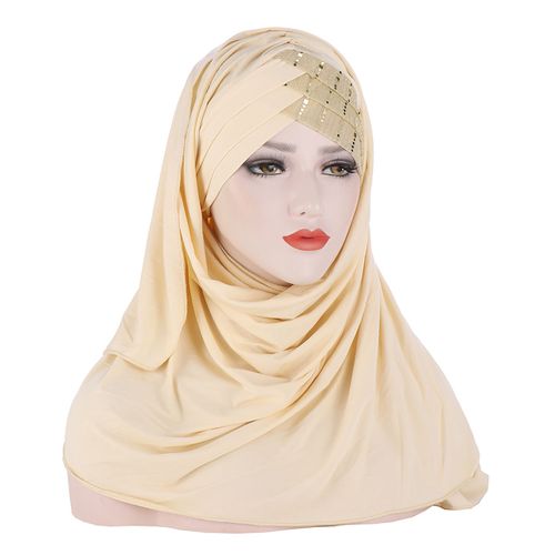 Femmes Soie Douce Avec Paillettes Hijab Bandeau Foulard Turban Chapeau Casquette Chapeaux-Beige