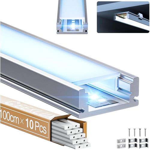 Ytseazn-10 X Profilés En Aluminium 1m(10m),Profilé Led U Pour Bande Led Jusqu'à 12mm,Dimensions 17,4 X 7mm Avec Diffuseur Led Opale,Idéal Pour Plaques De Plâtre Etmontages Au Plafond.