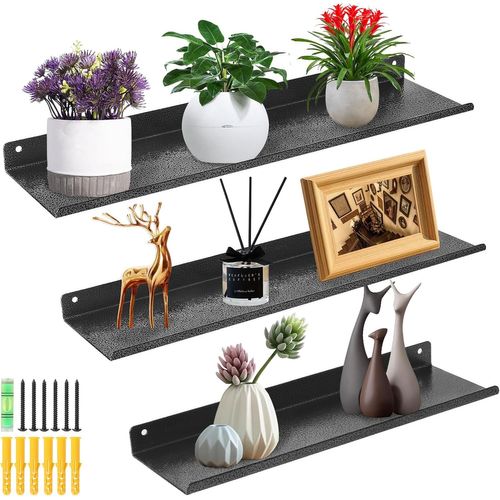 Etagere Noire Murale Metal, Lot De 3 Étagère Murale Flottante,Longueur 40/35/30 Cm, Pour Cuisine, Salon, Salle De Bain,Chambre, Grau Mit Silbernen Adern