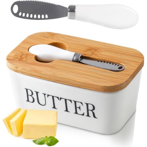 Beurrier En Porcelaine, 250g Conteneur De Beurre,Boîte À Beurre Avec Couvercle Et Couteau À Beurre, Conteneur Bague D'étanchéité Silicone, Nettoyage Facile, Lavable Au Lave-Vaisselle(Blanc)
